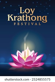 Loy krathong tailândia festival, flores de lótus rosa na noite banner poster design em fundo azul escuro