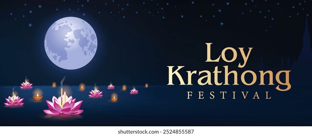 Loy krathong tailândia festival, flores de lótus rosa, lua cheia na noite banner poster design sobre fundo azul escuro