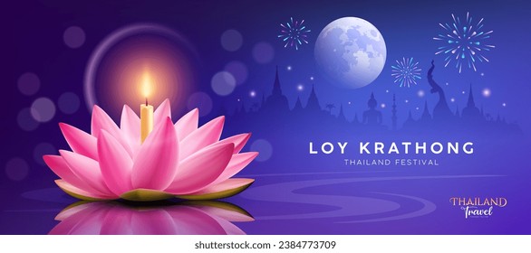 Loy krathong thailand festival, realistic pink lotus flower, candle, fireworks at moonnight banner design blue background, eps10 vector illustration
