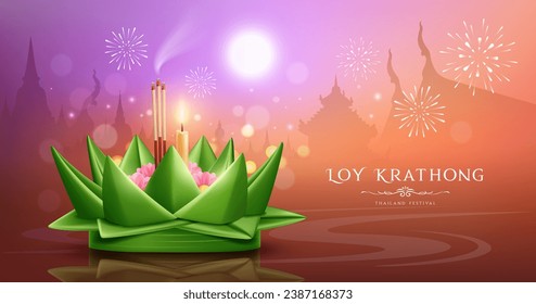 Festival Loy krathong thailand, realista fondo de diseño de banner de la noche de la hoja de banana, ilustración de vector eps10
