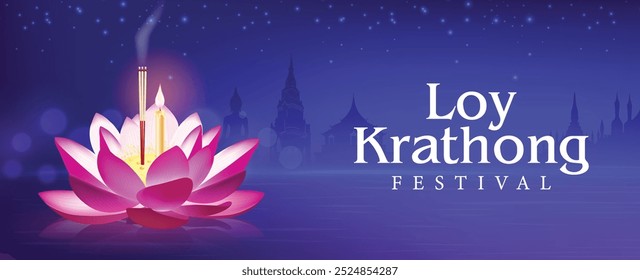 Loy krathong festival da tailândia, flor de lótus rosa realista, vela, céu romântico na noite lua banner design fundo azul