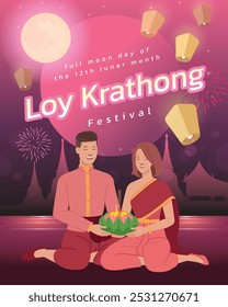 Loy Krathong, festival tradicional en Tailandia. Ilustración del hombre y la mujer tailandeses con ropa tradicional están sentados y sosteniendo Krathong, se preparan para llevar a Krathong a flotar en el río.