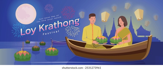 Loy Krathong, festival tradicional en Tailandia.  Un hombre y una mujer tailandeses con ropa tradicional están sentados y sosteniendo a Krathong, preparándose para llevar a Krathong a flotar en el río. Hermoso templo de fondo.