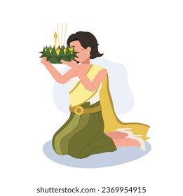 Loy Krathong Traditional Festival. woman in Thai traditional dress is sitting and hold krathong up to make a wish before float in river.