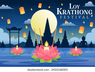 Loy Krathong Vector Illustration of Festival Celebration in Thailand with Lanterns and Krathongs Floating on Water Design in Flat Cartoon Background
