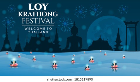 Loy Krathong - Welcome to Thailand poster design for the Festival of Lights with floating lotus candles to honour the Goddess of Water in front of cityscape on a midnight blue sky, vector illustration