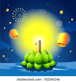 Loy Krathong and Yi Peng Festival.Celebration and Culture of Thailand-Vector Illustration