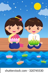 Loy Kratong Festival cartoon character thailand traditional costume 