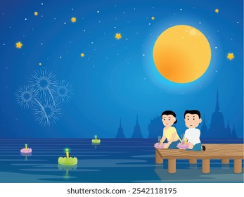 Loy Kratong Festival fullmoon família peaplo desenho animado divertido ilustração de fundo design