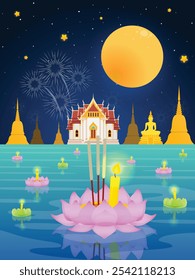 Loy Kratong Festival de lua cheia divertida ilustração de fundo design