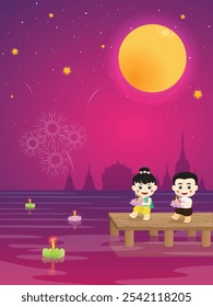 Loy Kratong Festival fullmoon kid cartoon fun illustration background design