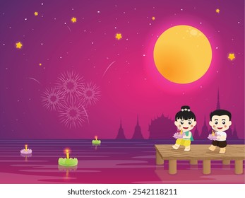 Loy Kratong Festival fullmoon kid cartoon fun illustration background design