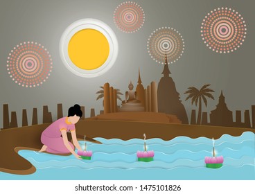 LOY KRATONG FESTIVAL in thailand with Kratong in hand on the river ,fireworks in the sky under full moon at Sukhothai Historical Park  background,paper craft and illustration.