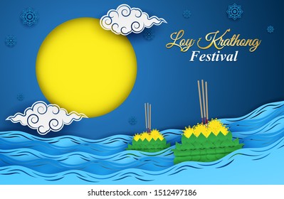 Loy Kratong thailand festival .Design with moon, krathong and river on night background. paper art style. vector.