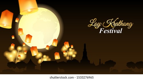 Loy Kratong thailand festival .Design with moon, lantern and river on night background .vector.