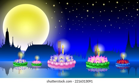 Loy Kratong Thailand festival - Lights traditional celebration full moon with floating lotus candles, temple midnight blue sky and river on night background vector illustration.