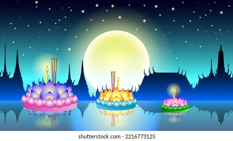 Festival de Tailandia Loy Kratong - Ilumina celebración tradicional luna llena con velas flotantes de loto, cielo azul de medianoche en el templo y ilustración vectorial del río en el fondo nocturno.