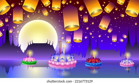 Loy Kratong Thailand festival - Lights traditional celebration full moon with floating lotus candles, temple midnight blue sky, lantern and river on night background vector illustration.