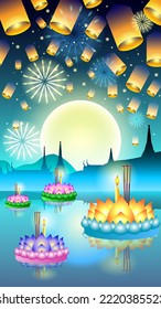 Loy Kratong Thailand festival - Lights traditional celebration full moon with floating lotus candles, temple midnight blue sky and river on night background vector illustration.