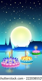 Loy Kratong Thailand festival - Lights traditional celebration full moon with floating lotus candles, temple midnight blue sky and river on night background vector illustration.