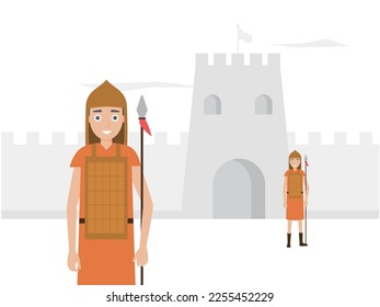 Loyal ancient soldiers in armor guarding the castle
