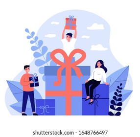 Loyal customers getting gifts and bonuses from store. Happy young people receiving gift boxes. Vector illustration for reward, loyalty program, promotion, marketing concept