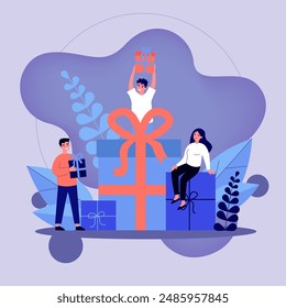 Loyal customers getting gifts and bonuses from store. Happy young people receiving gift boxes. Vector illustration for reward, loyalty program, promotion, marketing concept