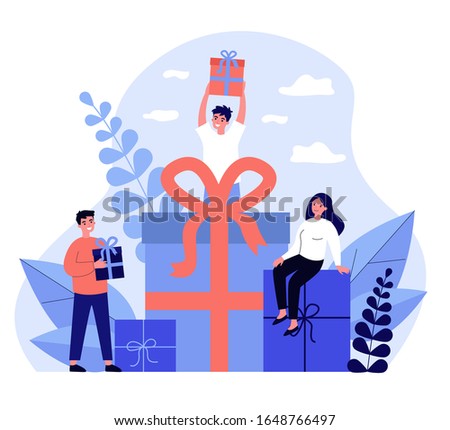 Loyal customers getting gifts and bonuses from store. Happy young people receiving gift boxes. Vector illustration for reward, loyalty program, promotion, marketing concept