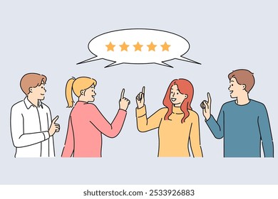 Loyal customers give five-star rating after using product, reporting successful user experience. People give positive feedback and become loyal customers thanks to excellent service quality