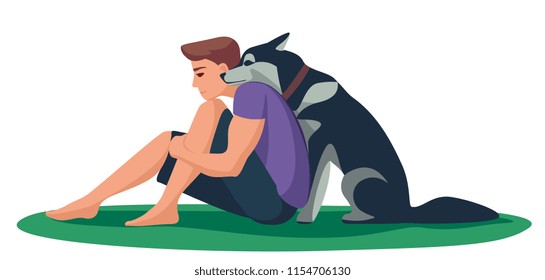 Loyal Dog Laid His Head On The Shoulder Of A Sad Owner. Dog Is Trying To Comfort Owner. Vector Illustration