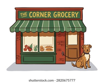 A loyal dog is leashed and sitting patiently outside a quaint brick corner grocery store with a striped awning, showcasing fresh produce and baked goods in its window.