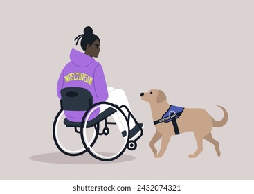 Loyal Service Dog Assisting Wheelchair User in Everyday Life, A labrador attentively aids their owner, showcasing the bond of support and companionship