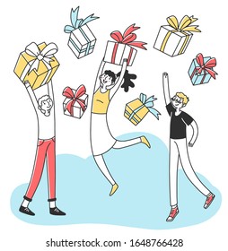 Loyal store customers getting reward. Young people celebrating, holding gifts. Vector illustration for retail, loyalty program, promotion, bonus concept
