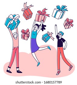 Loyal store customers getting reward. Young people celebrating, holding gifts. Vector illustration for retail, loyalty program, promotion, bonus concept