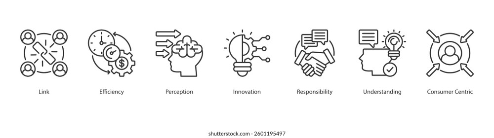 Loyalty Analysis icon sheet style line gift, link, efficiency, perception, innovation, responsibility, understanding