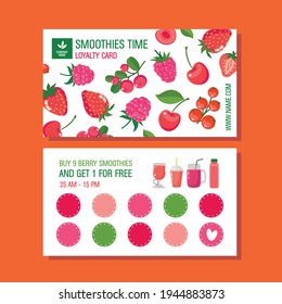 Loyalty card with berry smoothies: strawberries, raspberries, cherries, cranberries. Vector layout for loyalty programs.