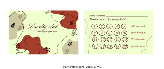 Loyalty card in boho style for your business, coupon gift for free. Pre-made vector layout in natural boho style. Suitable for any business.