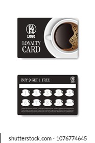 Loyalty card for cafe coffee. Stamps card collect 9 get 1 free. Realistic coffee top view vector and illustration isolated on white background 