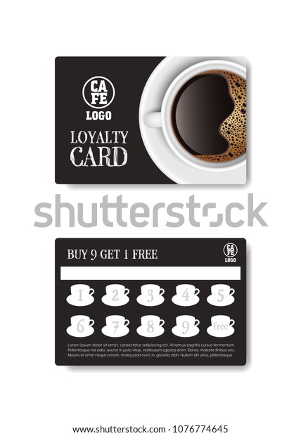 Loyalty card for cafe coffee. Stamps card\
collect 9 get 1 free. Realistic coffee top view vector and\
illustration isolated on white background\
