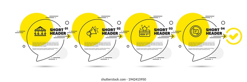 Loyalty card, Carousels and Megaphone line icons set. Timeline infograph speech bubbles. Stop talking sign. Bonus points, Attraction park, Brand advertisement. Do not talk. Technology set. Vector