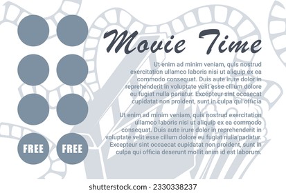 Loyalty card for cinema and watching movies activities. Discounts and sales, free film for company. Information on banner or poster. Rewards for clients for buying products. Vector in flat style