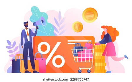 Loyalty card concept. Discounts and promotions, advertising and special offer. Earn loyalty program points, special offer for customers. Gift voucher and coupon. Cartoon flat vector illustration