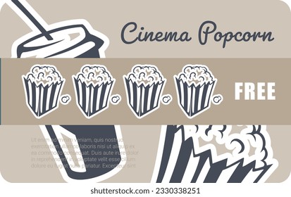 Loyalty card for customers, cinema popcorn free. Sales and discounts, special promotions. Cinema theater and watching films. Rewards for clients for buying products. Vector in flat style illustration