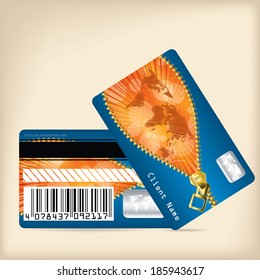 Loyalty card design with opening zipper and scribbled world map