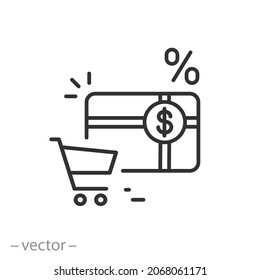 icono de la tarjeta de fidelidad, cliente de descuento o recompensa, vale de compra, programa de publicidad, símbolo de línea delgada - ilustración del vector de trazo editable