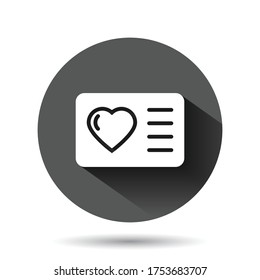 Loyalty card icon in flat style. Reward vector illustration on black round background with long shadow effect. Discount circle button business concept.