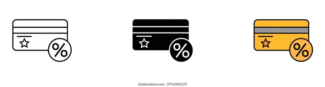 Vector de icono de tarjeta de fidelización. Tarjeta de crédito Premium con símbolo de descuento porcentual. Ilustración vectorial.