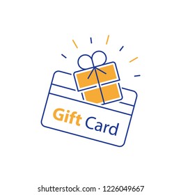 Loyalty Card, Incentive Gift, Collect Bonus, Earn Reward, Redeem Gift, Win Present, Vector Mono Line Icon, Linear Illustration, Outline Design