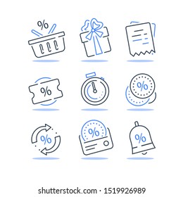 Loyalty card, incentive program vector icon set, earn bonus points for purchase, discount coupon, limited time period, cash back, redeem gift, grocery basket and stopwatch, cheap offer, save money