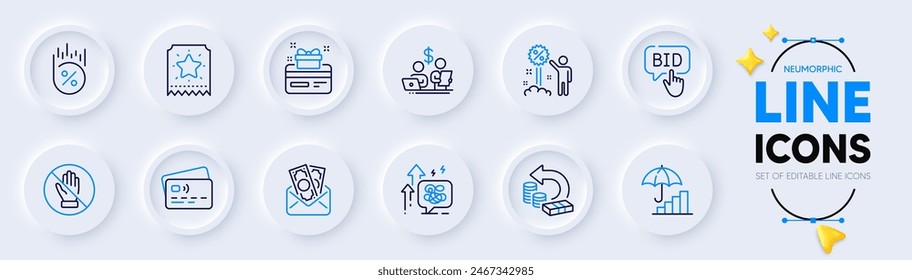 Loyalty card, Inflation and Loan percent line icons for web app. Pack of Budget accounting, Card, Corrupt pictogram icons. Bid offer, Discount, Bribe signs. Stress grows, Cash back. Vector